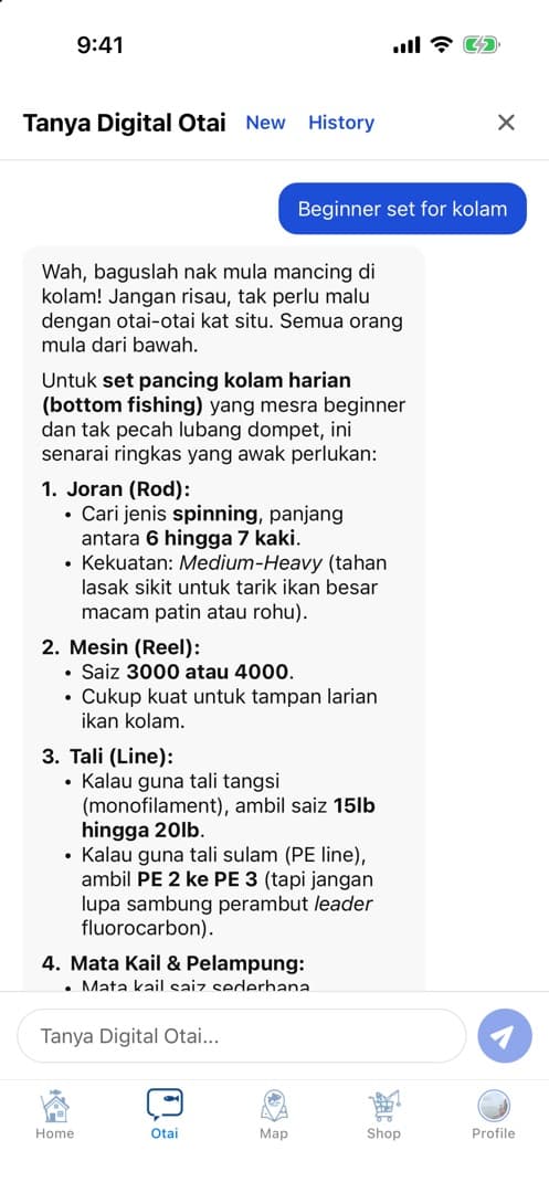 Digital Otai, AI dalam aplikasi, mencadangkan joran, mesin, dan tali untuk pemula memancing di kolam