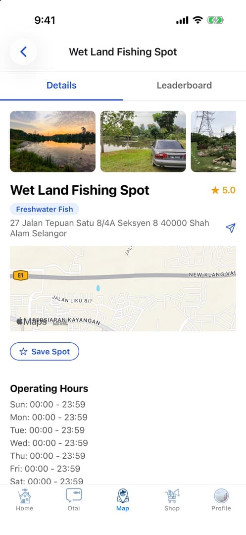 Halaman kolam dalam aplikasi, dengan foto, alamat, peta, dan waktu operasi