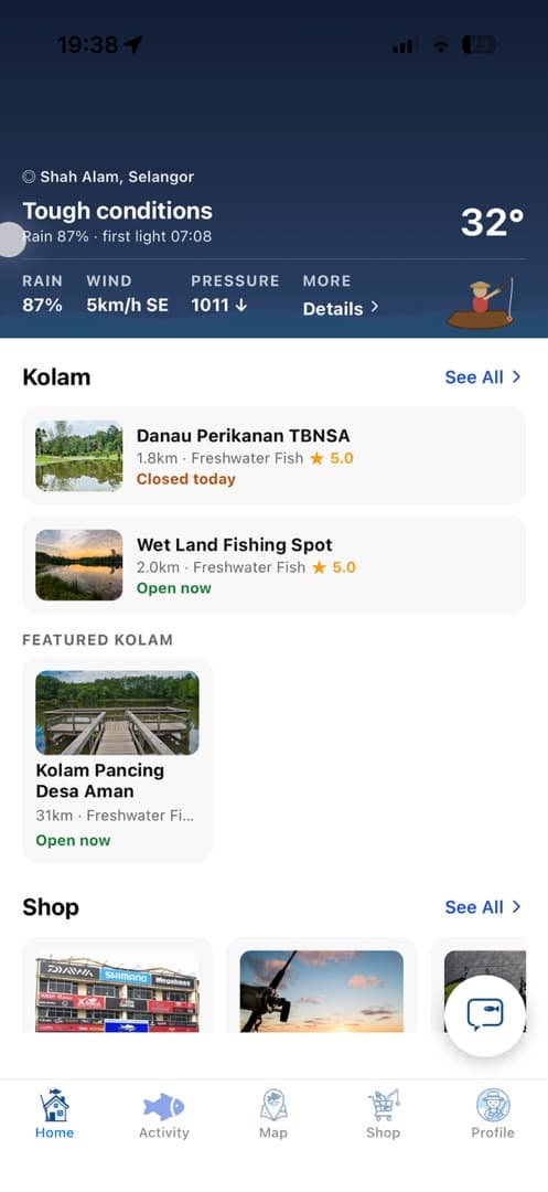 The Jom Mancing app's Home screen, showing today's fishing conditions and nearby kolam